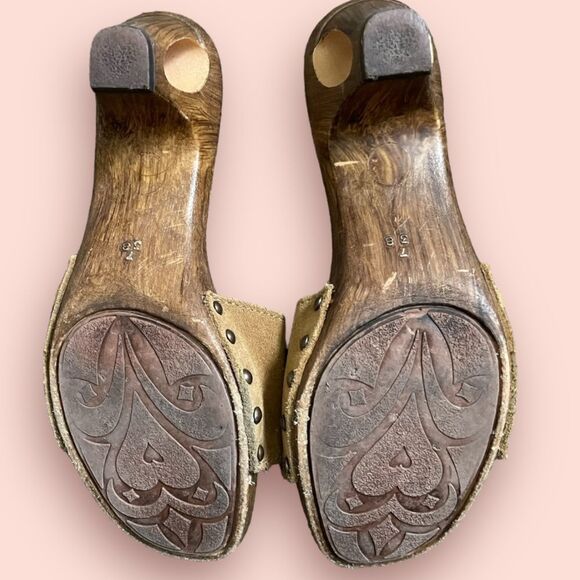 Italian Shoemakers Wooden Heel Leather Sandal Made In Italy Size 7.5 - Picture 2 of 6